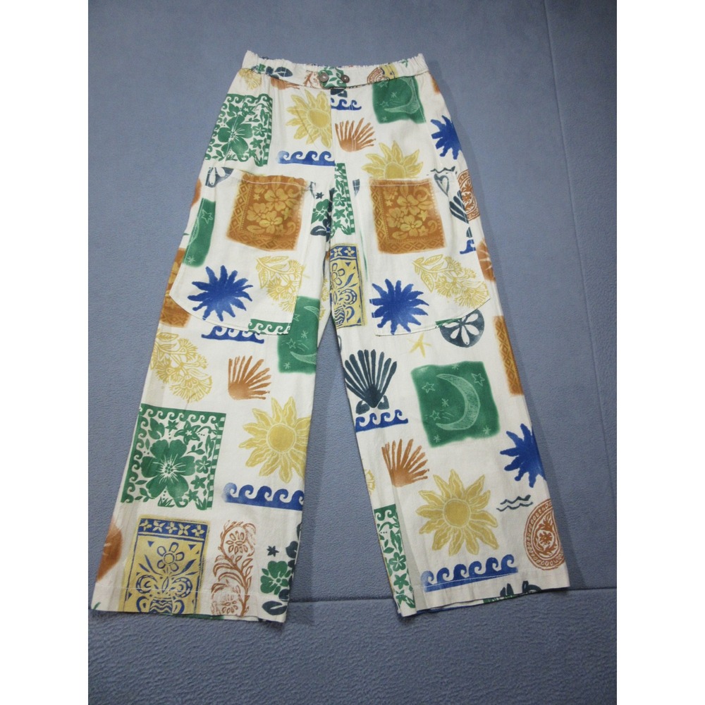 Free People Pants Womens Small Cream Multicolor Boho Celestial Shell Wide Leg